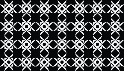 A seamless black-and-white geometric pattern featuring repeating circular motifs with radiating petal-like shapes. The high-contrast design creates a bold, modern optical effect