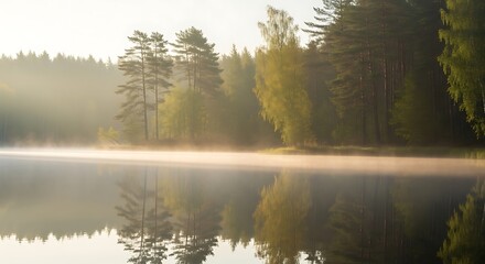 Serene forest lake with morning mist and reflections.
