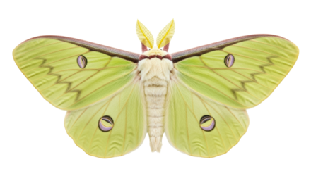 Isolated Luna moth with large wings and fuzzy body resting, with a chartreuse color, beauty