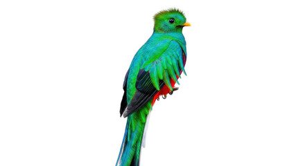 Isolated Resplendent Quetzal perching looking left on branch in tropical jungle of Central America