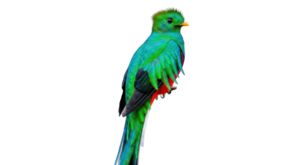 Isolated Resplendent Quetzal perching looking left on branch in tropical jungle of Central America