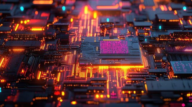 Circuit board processing data with glowing microchip and pathways