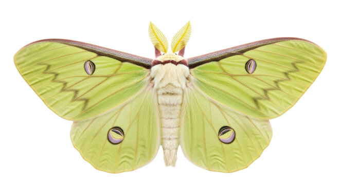 Isolated Luna moth with large wings and fuzzy body resting, with a chartreuse color, beauty