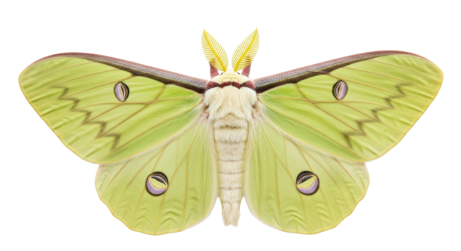 Isolated Luna moth with large wings and fuzzy body resting, with a chartreuse color, beauty