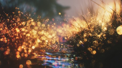 Sparkling dew drops reflecting warm light on grass