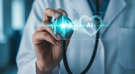 Close up of doctor hand holding stethoscope, with digital heart and AI symbol displayed, representing integration of technology in healthcare
