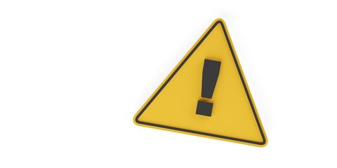 Yellow warning triangle with black exclamation mark over white background, attention, danger or communication business concept background with copy space from above
