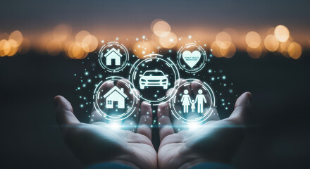 Hands cupping digital icons representing home, car, and family protection, symbolizing technology and security in modern life. image conveys sense of innovation and care