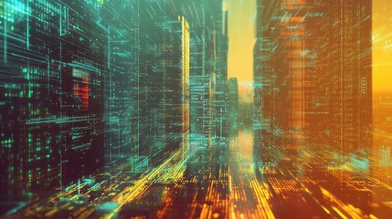 Digital data flowing through futuristic urban city landscape