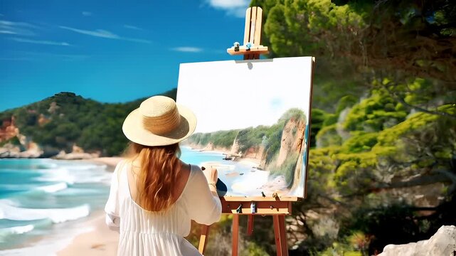 woman painting by the sea on a sunny day with clear blue sky and ocean in the backgroundwoman in white dress by the beach with ocean view.