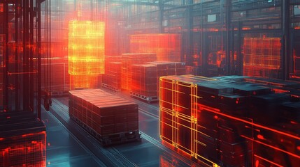 Automated warehouse managing digital inventory with glowing data