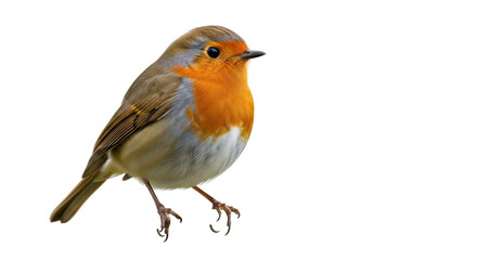 Isolated European Robin Erithacus rubecula perched with a vibrant orange breast and plumage