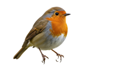 Isolated European Robin Erithacus rubecula perched with a vibrant orange breast and plumage