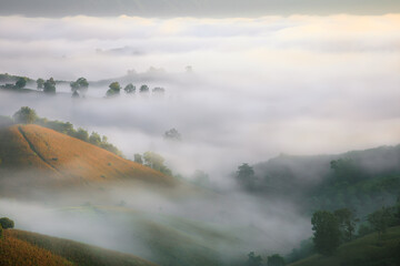 Kew Muang viewpoint with foggy morning, Nan, Thailand
