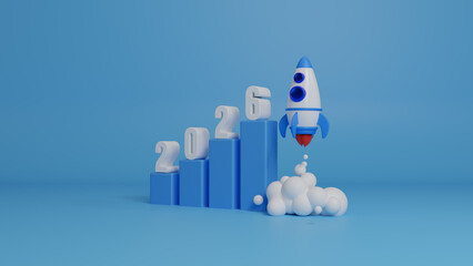 2026 Growthing graph bar with rocket rising moving up. Start up business development to success and growing growth concept. Abstract rocket launch and graph growing up. Success strategy. 3d rendering