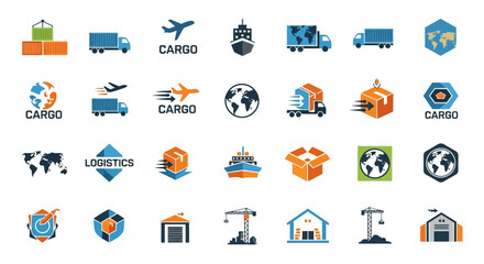 28 flat design icons related to shipping, logistics, and global transport