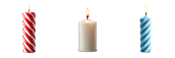 Three lit candles one red white striped one white cylinder and one blue white striped isolated on a transparent background