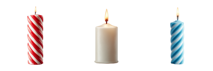Three lit candles one red white striped one white cylinder and one blue white striped isolated on a transparent background