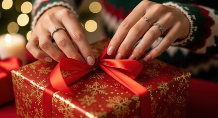 Woman carefully tying red ribbon on christmas gift box with snowflake pattern. Holiday present wrapping for celebration, New Year, birthday.