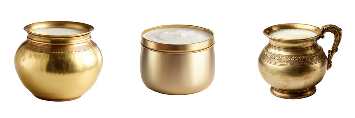 Three golden vessels filled with creamy white liquid and ornate detailing isolated on a transparent background