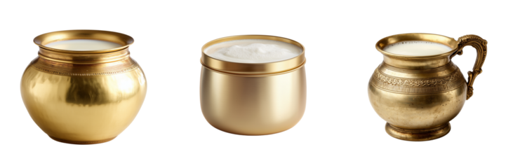 Three golden vessels filled with creamy white liquid and ornate detailing isolated on a transparent background