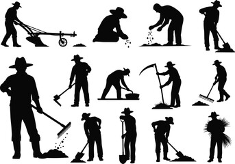 Obraz premium Silhouette farmers working in agricultural field with tools, planting seeds, harvesting crops, rural farming labor, farm worker vector illustration
