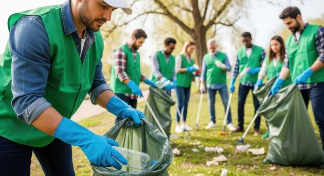 Man volunteer picking up plastic bottle in trash bag with community group. Environmental cleanup concept for Earth Day.