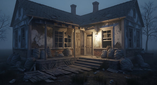 An eerie, dilapidated old house with broken windows and a glowing interior light, shrouded in mist at twilight, surrounded by debris and bare trees.