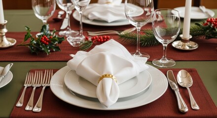 Fototapeta premium A holiday table setting with white plates and napkins adorned with golden rings, featuring festive holly and candles for Christmas dinner.