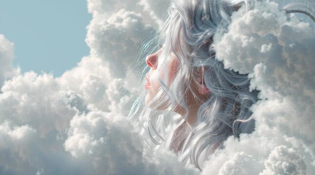 Ethereal woman with flowing silver hair emerges from soft clouds in a dreamlike atmosphere