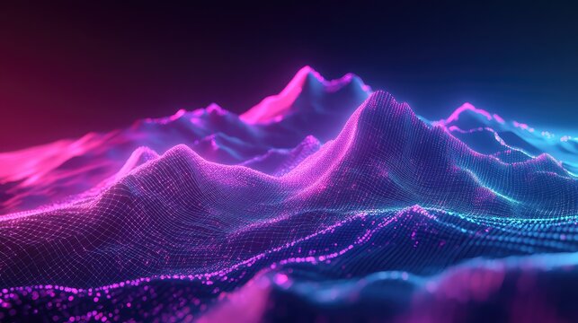 Digital landscape featuring glowing neon mesh mountains representing data visualization
