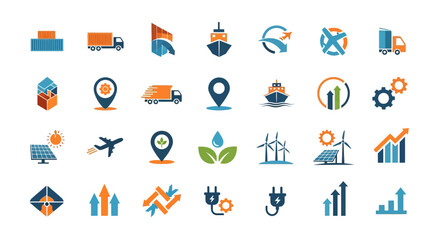 Fototapeta premium Collection of flat icons representing logistics, energy, environment, and business growth