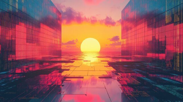 Synthwave sunset reflecting on digital cityscape architecture
