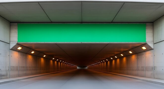 concrete tunnel entrance with blank green billboard