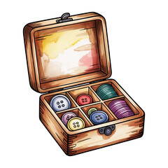 open wooden box with colorful buttons watercolor