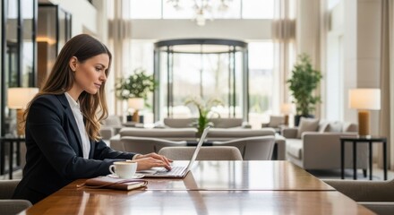 Young  woman uses laptop for remote work or online meeting indoors. Businesswoman typing on computer keyboard in a modern hotel lobby.