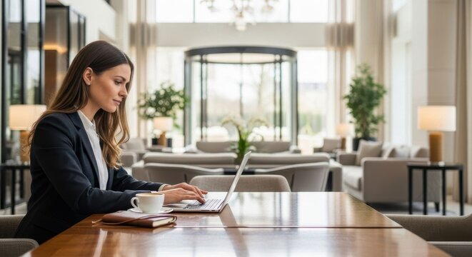 Young  woman uses laptop for remote work or online meeting indoors. Businesswoman typing on computer keyboard in a modern hotel lobby.