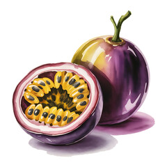 passion fruit whole and a half cut one Watercolor illustration