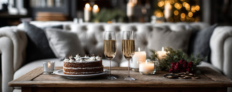 Luxury christmas decoration theme elegant festive setup with cake and champagne in cozy living room