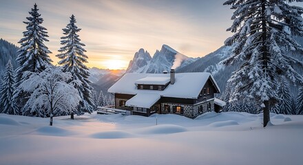 Fototapeta premium Cozy Snow Covered Cabin in a Winter Mountain Landscape at Sunset.