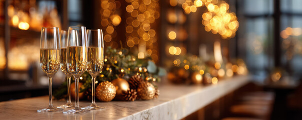 Luxury christmas decoration theme with champagne glasses elegant bar setting festive atmosphere upscale venue