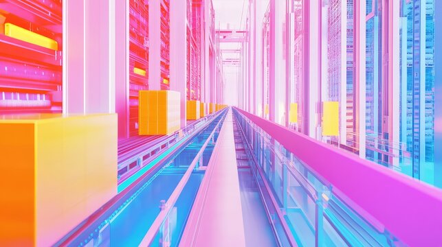 Abstract futuristic automated warehouse conveyor system transporting packages