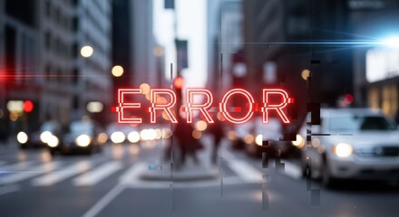 Red neon error text overlaying a blurred city street with traffic lights and cars at night. Concept of digital glitch, data corruption, or system failure.