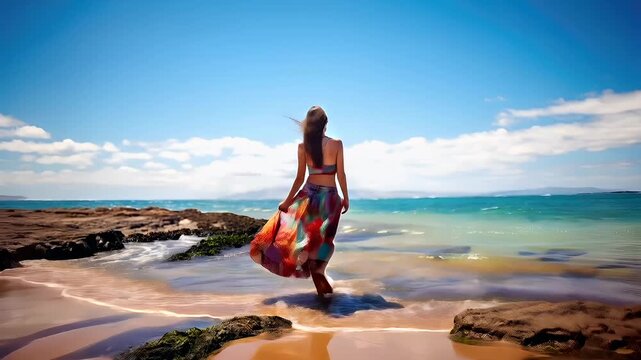 A woman in a vibrant, multicolored sarong walks along a sandy beach, her back to the viewer. The sky above is a clear blue with fluffy white clouds.