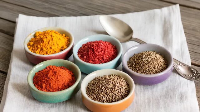 Five ceramic bowls filled with different spices including turmeric, paprika, chili flakes, and cumin seeds, placed on a rustic wooden surface. Natural cooking ingredients. Bright and aromatic.