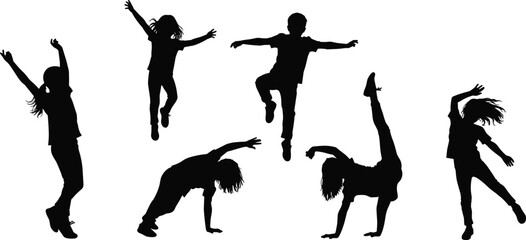 Silhouette of active children jumping and dancing in dynamic poses, joyful kids performing gymnastic movements and energetic dance actions on white background, vector illustration