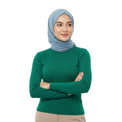 Confident woman wearing a hijab, radiating tranquility and poise in a minimalist setting