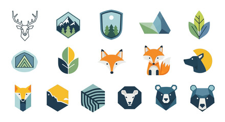 Fifteen colorful flat-design icons of wildlife, mountains, and nature on a white background