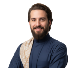 Elegant portrait of a confident Middle Eastern man with traditional attire against transparent