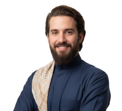 Elegant portrait of a confident Middle Eastern man with traditional attire against transparent